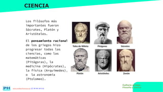 www.profesorfrancisco.es (CC BY-NC-SA 4.0)
CIENCIA
Los filósofos más
importantes fueron
Sócrates, Platón y
Aristóteles.
El pensamiento racional
de los griegos hizo
progresar todas las
ciencias, como las
matemáticas
(Pitágoras), la
medicina (Hipócrates),
la física (Arquímedes),
o la astronomía
(Ptolomeo).
Cultura griega.
Filosofía y ciencia
 