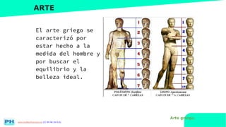 www.profesorfrancisco.es (CC BY-NC-SA 4.0)
ARTE
El arte griego se
caracterizó por
estar hecho a la
medida del hombre y
por buscar el
equilibrio y la
belleza ideal.
Arte griego.
 