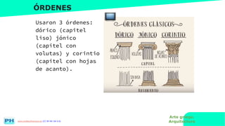 www.profesorfrancisco.es (CC BY-NC-SA 4.0)
ÓRDENES
Usaron 3 órdenes:
dórico (capitel
liso) jónico
(capitel con
volutas) y corintio
(capitel con hojas
de acanto).
Arte griego.
Arquitectura
 