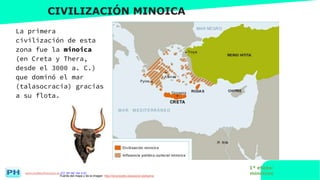 www.profesorfrancisco.es (CC BY-NC-SA 4.0)
CIVILIZACIÓN MINOICA
Fuente del mapa y de la imagen http://recursostic.educacion.es/kairos
La primera
civilización de esta
zona fue la minoica
(en Creta y Thera,
desde el 3000 a. C.)
que dominó el mar
(talasocracia) gracias
a su flota.
1ª etapa:
minoicos
 