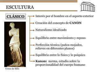 ESCULTURA
CLÁSICO Interés por el hombre en el aspecto exterior
Creación del concepto de CANON
Naturalismo idealizado
Equilibrio entre movimiento y reposo
Perfección técnica (paños mojados,
relieves en diferentes planos)
Equilibrio entre lo físico y lo psiquico
Kanon: norma, estudio sobre la
proporcionalidad del cuerpo humano
Venus de Milo
 