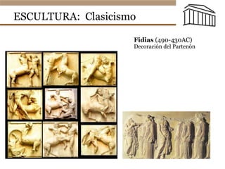 ESCULTURA: Clasicismo
Fidias (490-430AC)
Decoración del Partenón
El arte griego
• Otros
ejemplos de
Fidias en el
Partenón
Las metopas en el exterior: Los lapitas y los centauros
 