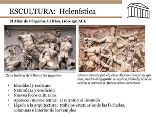 ESCULTURA: Helenística
•  Idealidad y realismo
•  Naturaleza y erudición
•  Nuevos focos culturales
•  Aparecen nuevos temas: el retrato y el desnudo
•  Ligada a la arquitectura: trabajos estatuarios de las fachadas,
columnas e interior de los templos
Zeus lucha y derriba a tres gigantes
Zeus lucha y derriba a tres gigantes
El Altar de Pérgamo. El friso. (160-150 AC).
Atenea levanta por el pelo a Alcioneo mientras que Gea, madre del gigante,
le suplica piedad y Niké se acerca a coronar a Atenea como victoriosa.
Atenea levanta por el pelo a Alcioneo mientras que
Gea, madre del gigante, le suplica piedad y Niké se
acerca a coronar a Atenea como victoriosa.
 