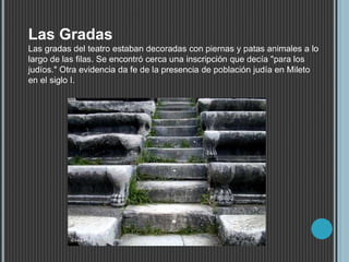 Las Gradas
Las gradas del teatro estaban decoradas con piernas y patas animales a lo
largo de las filas. Se encontró cerca una inscripción que decía "para los
judíos." Otra evidencia da fe de la presencia de población judía en Mileto
en el siglo I.
 