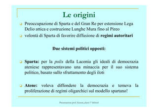 Le origini
Preoccupazione di Sparta e del Gran Re per estensione Lega
Delio attica e costruzione Lunghe Mura fino al Pireo
volontà di Sparta di favorire diffusione di regimi autoritari
Due sistemi politici opposti:
Sparta: per la polis della Laconia gli ideali di democrazia
ateniese rappresentavano una minaccia per il suo sistema
politico, basato sullo sfruttamento degli iloti
Atene: voleva diffondere la democrazia e temeva la
proliferazione di regimi oligarchici sul modello spartano!
Presentazione prof. Zenoni_classi 1° iSchool
 