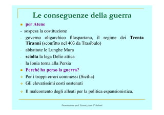 Le conseguenze della guerra
per Atene
- sospesa la costituzione
- governo oligarchico filospartano, il regime dei Trenta
Tiranni (sconfitto nel 403 da Trasibulo)
- abbattute le Lunghe Mura
- sciolta la lega Delio attica- sciolta la lega Delio attica
- la Ionia torna alla Persia
Perché ha perso la guerra?
Per i troppi errori commessi (Sicilia)
Gli elevatissimi costi sostenuti
Il malcontento degli alleati per la politica espansionistica.
Presentazione prof. Zenoni_classi 1° iSchool
 