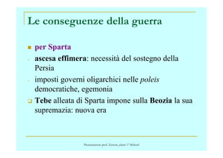Le conseguenze della guerra
per Sparta
- ascesa effimera: necessità del sostegno della
Persia
- imposti governi oligarchici nelle poleis- imposti governi oligarchici nelle poleis
democratiche, egemonia
Tebe alleata di Sparta impone sulla Beozia la sua
supremazia: nuova era
Presentazione prof. Zenoni_classi 1° iSchool
 