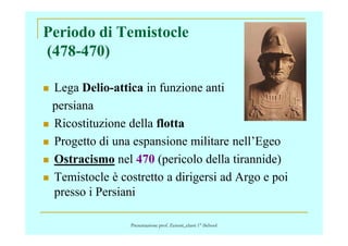 Periodo di Temistocle
(478-470)
Lega Delio-attica in funzione anti
persiana
Ricostituzione della flottaRicostituzione della flotta
Progetto di una espansione militare nell’Egeo
Ostracismo nel 470 (pericolo della tirannide)
Temistocle è costretto a dirigersi ad Argo e poi
presso i Persiani
Presentazione prof. Zenoni_classi 1° iSchool
 
