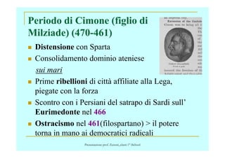 Periodo di Cimone (figlio di
Milziade) (470-461)
Distensione con Sparta
Consolidamento dominio ateniese
sui mari
Prime ribellioni di città affiliate alla Lega,Prime ribellioni di città affiliate alla Lega,
piegate con la forza
Scontro con i Persiani del satrapo di Sardi sull’
Eurimedonte nel 466
Ostracismo nel 461(filospartano) > il potere
torna in mano ai democratici radicali
Presentazione prof. Zenoni_classi 1° iSchool
 