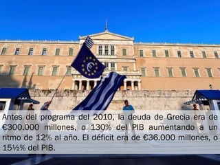 Antes del programa del 2010, la deuda de Grecia era de
€300.000 millones, o 130% del PIB aumentando a un
ritmo de 12% al a...