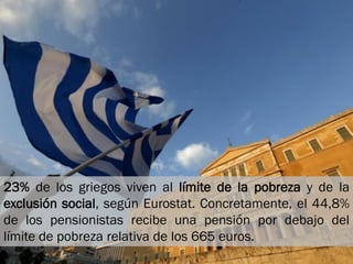 23% de los griegos viven al límite de la pobreza y de la
exclusión social, según Eurostat. Concretamente, el 44,8%
de los ...