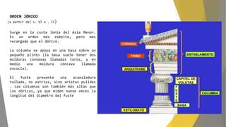 ORDEN JÓNICO
(a partir del s. VI a . CC)
Surge en la costa Jonia del Asia Menor.
Es un orden más esbelto, pero más
recargado que el dórico.
La columna se apoya en una basa sobre un
pequeño plinto (la basa suele tener dos
molduras convexas llamadas toros, y en
medio una moldura cóncava llamada
escocia).
El fuste presenta una acanaladura
tallada, no estrías, sino aristas pulidas
. Las columnas son también más altas que
las dóricas, ya que miden nueve veces la
longitud del diámetro del fuste
 