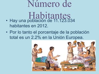 Número de
Habitantes• Hay una población de 11.123.034
habitantes en 2012.
• Por lo tanto el porcentaje de la población
total es un 2.2% en la Unión Europea.
 
