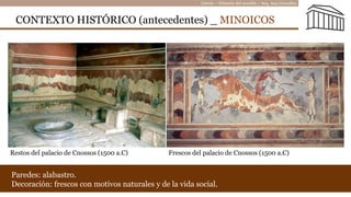 Grecia – Historia del mueble / Arq. Ana González
Restos del palacio de Cnossos (1500 a.C)
Introducción
• Restos del palacio de Cnossos (después del 1500 AC)
Frescos del palacio de Cnossos (1500 a.C)
Introducción
• Pintura al fresco en el palacio de Cnossos
(después del 1500 AC)
Paredes: alabastro.
Decoración: frescos con motivos naturales y de la vida social.
CONTEXTO HISTÓRICO (antecedentes) _ MINOICOS
 