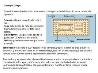 El templo Griego
Este edificio estaba destinado a conservar la imagen de la divinidad. Su estructura era la
siguiente:
Pronaos: sala que precede a la cella o
naos
Naos: cella donde se halla la estatua del
dios/a donde sólo el sacerdote tiene
acceso.
opistodomos: sala posterior donde se
guardaban las reliquias del dios/a.
Peristilo: galería de columnas que rodea
al templo
Estilóbato: base sobre el cual descansan los templos griegos, a partir de él se elevan las
columnas y a su vez descansa en los estereóbatos, que son los escalones que dan altura al
templo (cuyo número cambia dependiendo del orden del templo).
Aunque los griegos conocían el arco utilizaban una arquitectura arquitrabada o adintelada
con cubierta a dos aguas, por lo que en los lados menores de las fachadas formaban
un triángulo llamado frontón. El espacio interior del frontón se llama tímpano y solía
decorarse con esculturas.
 