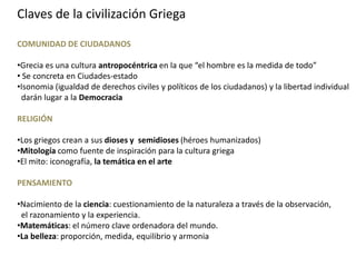 Claves de la civilización Griega
COMUNIDAD DE CIUDADANOS
•Grecia es una cultura antropocéntrica en la que “el hombre es la medida de todo”
• Se concreta en Ciudades-estado
•Isonomia (igualdad de derechos civiles y políticos de los ciudadanos) y la libertad individual
darán lugar a la Democracia
RELIGIÓN
•Los griegos crean a sus dioses y semidioses (héroes humanizados)
•Mitología como fuente de inspiración para la cultura griega
•El mito: iconografía, la temática en el arte
PENSAMIENTO
•Nacimiento de la ciencia: cuestionamiento de la naturaleza a través de la observación,
el razonamiento y la experiencia.
•Matemáticas: el número clave ordenadora del mundo.
•La belleza: proporción, medida, equilibrio y armonia
 