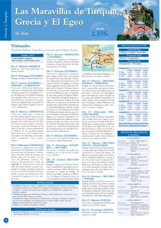 Las Maravillas de Turquía,
Grecia y Turquía




                       Grecia y El Egeo
                                                                                                                                       desde
                        16 días                                                                                               2.575$
                   Visitando:                                                                                                                                          Precio por Persona en $ USA

                   Estambul, Ankara, Capadocia, Crucero por el Egeo, Atenas                                                                                                    Temporada Baja
                                                                                                                              Estambul                              24 Marzo / 21 Abril + 20 Octubre
                               Salidas 2012                     Día 6º (Jueves) CAPADOCIA                                                      Bursa
                                                                                                                                                         Ankara
                                                                                                                                                                              Temporada Media
                                                                / ESTAMBUL                                                                                          28 Abril / 01 Septiembre
                    A ESTAMBUL: Sábados                                                                                                            Capadocia
                                                                Desayuno y salida hacia el aeropuerto              Atenas
                                                                                                                                    Kusadasi
                    Del 24 Marzo al 20 Octubre 2012                                                                                                                            Temporada Alta
                                                                destino a Estambul. Llegada a Estambul                                             Pamukkale
                                                                                                                              Mykonos                               08 Septiembre / 20 Octubre
                                                                y traslado al hotel. Resto del día libre.         Santorini
                                                                                                                                           Efeso
                   Día 1º (Sábado) AMERICA                      Alojamiento en el hotel.                                                 Rodas
                   Salida en vuelo intercontinental con                                                                     Creta                                  Categoría A
                                                                                                                                                                             Doble Sup.Ind. Triple
                   destino Europa.                              Día 7º (Viernes) ESTAMBUL                                                                          T. Baja   2.575  1.170   2.350
                                                                Desayuno y salida para la visita de la          y la Basílica de San Juan. Embarque y sa-          T. Media 2.780   1.270   2.565
                   Día 2º (Domingo) ESTAMBUL                    parte antigua donde están concentrados          lida. Pensión Completa a bordo.                    T. Alta   2.845  1.305   2.630
                   Llegada y traslado al hotel. Alojamiento.    los monumentos más destacados Otoma-                                                               Categoría B
                                                                nos y Bizantinos. Comenzaremos con la           Día 11º (Martes) CRUCERO                                     Doble Sup.Ind. Triple
                   Día 3º (Lunes) ESTAMBUL /                    visita del Palacio de Topkapı, el famoso        PATMOS / MYKONOS                                   T. Baja   2.830  1.390   2.570
                   ANKARA / CAPADOCIA                           recinto gigantesco desde donde fue diri-        Llegada a la Isla de Patmos desembar-              T. Media 3.010   1.480   2.770
                   Desayuno. Salida hacia Ankara, pa-           gido todo el Imperio Otomano durante                                                               T. Alta   3.105  1.530   2.855
                                                                                                                que y tiempo libre para poder realizar
                   sando por las montañas de Bolu, llegada      casi 400 años, a continuación visitaremos       la excursión opcional al Monasterio de             Categoría C
                   a Ankara, capital de la Republica y vi-      la Cisterna Basílica, la cual era el depósito   San Juan y la Gruta del Apocalipsis,                         Doble Sup.Ind. Triple
                   sita del Mausoleo de Ataturk fundador                                                                                                           T. Baja   3.230  1.560   2.880
                                                                de agua más grande del Imperio Bizan-           para contemplar los nichos de plata en             T. Media 3.470   1.680   3.120
                   de la republica Turca. Almuerzo. Con-        tino construido en el sigloVI, después ve-      los muros que señalan la almohada y la             T. Alta   3.545  1.720   3.195
                   tinuación hacia Capadocia. A su paso         remos el famosísimo templo de Santa             repisa usados como escritorio por San              Categoría D
                   veremos el segundo lago más grande de        Sofía. Fue el santuario más grande del          Juan. Embarque y salida a Mykonos con                        Doble Sup.Ind. Triple
                   Turquía, lago Salado. Llegada al hotel y     mundo hasta el siglo XVII construido por        tiempo libre. Embarque y salida. Pen-              T. Baja   3.470  1.790   3.050
                   cena y alojamiento.                          el emperador Justiniano durante el siglo        sión Completa a bordo.                             T. Media 3.760   1.935   3.325
                                                                VI. Almuerzo. A continuación veremos                                                               T. Alta   3.845  1.980   3.400
                   Día 4º (Martes) CAPADOCIA                    el Hipódromo antiguo romano, que con-           Día 12º (Miércoles) CRU-                           Categoría E
                   Desayuno. Salida para la visita de           serva el Obelisco de Teodosio, el Obelisco      CERO RODAS                                                   Doble Sup.Ind. Triple
                   esta maravillosa región, una mezcla de       Egipcio, la Columna Serpentina y la             Llegada a la Isla de Rodas. Desembar-              T. Baja   4.910  3.380   4.390
                   los caprichos de la naturaleza y el arte     Fuente del Emperador Guillermo.Termi-                                                              T. Media 5.200   3.670   4.665
                                                                                                                que y tiempo libre para realizar excur-            T. Alta   5.315  3.785   4.765
                   humano.Visita del museo al aire libre        naremos nuestra excursión con la visita         siones opcionales en la Isla de Rodas y
                   de Göreme con las iglesias rupestres         de la famosa Mezquita Azul, la única del        Lindos que construyeron los Caballeros             Tasas de Embar. Crucero: 300 $ Neto
                   decoradas con frescos. Paradas en los        mundo con 6 minaretes. Nuestros guías           de San Juan en el siglo XIV. En la ciu-            Sup. increm. carburante: 60 $ Neto
                   valles de Avcilar y Güvercinlik donde        les acompañaran hasta el Gran Bazar. Re-        dad de Rodas se inicia el recorrido a
                   se disfruta de un increíble paisaje          greso al hotel y alojamiento.                   pie con guía por la Rodas Medieval, vi-
                   lunar. Almuerzo. Por la tarde visitas                                                        sitaran el Palacio de los Caballeros y                HOTELES PREVISTOS
                   a los talleres de alfombras y de piedras     Día 8º (Sábado) ESTAMBUL                        continúe por la calle de los Caballeros.                  o similares
                   (ónix y turquesa). Cena y aloja-             Desayuno en el hotel. Día libre para            Pensión Completa a bordo.                                     CATEGORÍA A
                   miento.                                      recorrer la ciudad. Alojamiento.                                                                  Estambul         Oran / Black Bird 4*
                                                                                                                Día 13º (Jueves) CRUCERO                          Circuito Turquía Hoteles 4*
                   Día 5º (Miércoles) CAPADOCIA                 Día 9º (Domingo) ESTAM-                         CRETA / SANTORINI                                 Crucero Egeo CAT IA / IB (interior
                                                                                                                                                                                   Estándar)
                   Desayuno y salida hacia la ciudad            BUL / CRUCERO                                   Llegada a la Isla de Creta. Desembarque           Atenas           Jason Inn / Dorian Inn
                   subterránea de Özkonak o Kaymakli            Desayuno y traslado al muelle para              y tiempo libre para realizar la excursión                          3*Sup
                   excavadas por las primeras comuni-           embarcar en el Crucero por el Egeo.             opcional de la visita del Palacio de
                   dades cristianas.Visita de Çavusin, un       Cena a bordo.                                   Knossos, la que fue capital de la prehis-                     CATEGORÍA B
                   pueblo típico de la región con sus                                                           tórica civilización Minoica, y la que se          Estambul         Prince / Mosaik 4* S
                   casas de diferentes culturas. Al-            Día 10º (Lunes) CRUCERO                                                                           Circuito Turquía Hoteles 4*
                                                                                                                cree fue la base para el original labe-           Crucero Egeo CAT IC / ID (Interior
                   muerzo. Recorrido por el valle de            IZMIR                                           rinto en el que se encontraba el mítico                            Superior)
                   Paşabağ. A continuación visita del           Llegada al puerto de Esmirna, desem-            Minotauro. Embarque y salida. Escala              Atenas           President / Stanley 4*
                   valle de Uçhisar donde se puede con-         barco y posibilidad de participar en la ex-     en la bella Santorini. Tiempo libre y
                   templar la antigua fortaleza excavada                                                                                                                      CATEGORÍA C
                                                                cursión opcional a Efeso. Durante esta          embarque para salir hacia Atenas. Pen-
                   en la roca. Visita del Valle de Amor         excursión se visitará el Templo de                                                                Estambul         Titanic / Nippon / Eresin
                                                                                                                sión Completa a bordo.                                             Taksim Premier 4* Sup
                   donde veremos las formaciones mas            Adriano, los Baños romanos, la Biblio-                                                            Circuito Turquía Hoteles 4*
                   curiosas de Capadocia. Cena y alo-           teca, el Odeon, el Teatro de Efeso así          Día 14º (Viernes) CRUCERO                         Crucero Egeo CAT XA / XB (Exterior
                   jamiento.                                    como también la Casa de laVirgen María          / ATENAS                                                           Estándar)
                                                                                                                Llegada al Pireo a las 06:00, desayuno y          Atenas           Zafolia 4* Sup
                                                    El Tour incluye                                             traslado al hotel en Atenas. Por la mañana                    CATEGORÍA D
                   • Traslado aeropuerto / hotel / aeropuerto y traslados hotel / puerto y viceversa            visita de la ciudad y la Acrópolis donde          Estambul         Elit World / Holiday Inn
                   • 3 noches de estancia en Estambul en régimen de alojamiento y desayuno en hotel             podrá admirar el Templo de Atenea Nike,                            5*
                     escogido y 3 noches de Circuito por Capadocia en hoteles 4* en régimen de                  los Propileos, el Partenón, el Erecteión con      Circuito Turquía Hoteles 5*
                     pensión completa                                                                                                                             Crucero Egeo CAT XC / XD (Exterior
                   • Transporte según ruta indicada en Turquía y visitas indicadas en el itinerario con         su renombrado pórtico de las Cariátides,
                                                                                                                el Pandroseión.Tarde libre. Alojamiento.                           Premium)
                     guía local de habla hispana y entradas                                                                                                       Atenas           Melia Atenas / Park 5*
                   • 2 noches de estancia en Atenas en alojamiento y desayuno y Pensión Completa
                     en el Crucero del Egeo, con alojamiento en Cabinas Dobles según elección                   Día 15º (Sábado) ATENAS                                       CATEGORÍA E
                   • Visitas en Estambul con almuerzo incluido                                                  Desayuno y alojamiento. Día libre para            Estambul         The Marmara 5*
                   • Visita de la ciudad y Acrópolis en Atenas                                                  disfrutar de esta bella ciudad.                   Circuito Turquía Hoteles 5* en Capadocia
                                                                                                                                                                                   alojamiento en hotel cueva
                                                  El Tour no incluye                                                                                              Crucero Egeo CAT XE / XF (Exterior
                                                                                                                Día 16º (Domingo) ATENAS                                           Deluxe)
                   • Tasas de Embarque, ni incremento carburante en crucero, propinas ó                         Desayuno y tiempo libre.Traslado al ae-           Atenas           Divani Caravel / Divani
                     excursiones durante el crucero                                                             ropuerto y salida.                                                 Palace Acropole 5*


  12
 