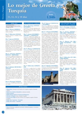 Lo mejor de Grecia y
Grecia y Turquía




                        Turquía                                                                                             desde
                        11, 12, 14 y 18 días                                                                           1.540$
                                Salidas 2012                  CON TURQUIA AL COMPLETO                      Día 10º (Jueves) CAPADOCIA                    CON CRUCERO DE 4 DIAS
                    A ATENAS: Martes                                                                       / ESTAMBUL                                    POR EL EGEO y TURQUIA
                    Del 13 de Marzo de 2012 al 30 de          Día 6º (Domingo) ATENAS /                    Desayuno y salida hacia el aeropuerto
                    Octubre de 2012                           ESTAMBUL                                     destino a Estambul. Llegada a Estambul      Día 6º (Domingo) ATENAS
                                                              Desayuno y a la hora oportuna, tras-         y traslado al hotel. Resto del día libre.   Desayuno y día libre para disfrutar de
                   Día 1º (Martes) AMERICA                    lado al aeropuerto para salir en vuelo a     Alojamiento en el hotel.                    esta ciudad.
                   Salida en vuelo intercontinental con       Estambul. Llegada y traslado al hotel.
                   destino a Europa.                          Alojamiento.                                 Día 11º (Viernes) ESTAMBUL                  Día 7º (Lunes) ATENAS /
                                                                                                           Desayuno y salida para la visita de la      CRUCERO / MYKONOS
                   Día 2º (Miércoles) ATENAS                  Día 7º (Lunes) ESTAMBUL /                    parte antigua donde están concentrados      Desayuno.Traslado al puerto para em-
                   Llegada, asistencia y traslado al hotel.   ANKARA / CAPADOCIA                           los monumentos más destacados Oto-          barcar hacia Mykonos. Almuerzo a
                   Alojamiento.                               Desayuno. Salida hacia Ankara, pa-           manos y Bizantinos. Comenzaremos            bordo y tiempo libre en Mykonos. Em-
                                                              sando por las montañas de Bolu, llegada      con la visita del Palacio de Topkapı, el    barque y cena a bordo. Salida hacia
                   Día 3º (Jueves) ATENAS                     a Ankara, capital de la Republica y visita   famoso recinto gigantesco desde donde       Kusadasi.
                   Desayuno en el hotel. Salida para re-      del Mausoleo de Ataturk fundador de          fue dirigido todo el Imperio Otomano
                   alizar el tour de la Ciudad de Atenas.     la republica Turca. Almuerzo. Conti-         durante casi 400 años, a continuación       Día 8º (Martes) EN CRU-
                   En cuanto entre en la Acrópolis podrá      nuación hacia Capadocia. A su paso ve-       visitaremos la Cisterna Basílica, la cual   CERO KUSADASI / PAT-
                   admirar el Templo de Atenea Nike, los      remos el segundo lago más grande de          era el depósito de agua más grande del      MOS
                   Propileos, la hermosa geometría del        Turquía, lago Salado. Llegada al hotel,      Imperio Bizantino construido en el          Llegada a Kusadasi. Posibilidad de par-
                   Partenón, el Erecteion con su renom-       cena y alojamiento.                          siglo VI, después veremos el famosísimo     ticipar en la excursión a Efeso, conside-
                   brado pórtico de las Cariátides, y la                                                   templo de Santa Sofía. Fue el santuario     rada como una de las ciudades más ricas
                   ciudad moderna de Atenas, la ciudad        Día 8º (Martes) CAPADOCIA                    más grande del mundo hasta el siglo         de la época. Embarque y salida a Pat-
                   consentida de los Dioses. Tarde libre.     Desayuno. Salida para la visita de           XVII construido por el emperador Jus-       mos. Desembarque y tiempo libre para
                   Alojamiento.                               esta maravillosa región, una mezcla de       tiniano durante el siglo VI. Almuerzo.      poder realizar la excursión opcional al
                                                              los caprichos de la naturaleza y el arte     A continuación veremos el Hipódromo         Monasterio de San Juan y la Gruta del
                   Día 4º (Viernes) ATENAS /                  humano.Visita del museo al aire libre        antiguo romano, que conserva el Obe-        Apocalipsis. Pensión Completa a
                   DELFOS / METEORA                           de Göreme con las iglesias rupestres         lisco de Teodosio, el Obelisco Egipcio,     bordo.
                   Desayuno y salida hacia la famosa ciu-     decoradas con frescos. Paradas en los        la Columna Serpentina y la Fuente del
                   dad de Delfos. Visita del Museo Ar-        valles de Avcilar y Güvercinlik donde        Emperador Guillermo. Terminaremos           Día 9º (Miércoles) EN CRU-
                   queológico donde entre otras se            se disfruta de un increíble paisaje          nuestra excursión con la visita de la fa-   CERO RODAS
                   encuentra la famosa estatua del Auriga.    lunar. Almuerzo. Por la tarde visitas        mosa Mezquita Azul, la única del            Llegada a la Isla de Rodas. Desembar-
                   Visita del Santuario. Salida hacia Ka-     a los talleres de alfombras y de piedras     mundo con 6 minaretes. Nuestros guías       que y tiempo libre para realizar excur-
                   lambaka atravesando los pintorescos        (ónix y turquesa). Cena y aloja-             les acompañaran hasta el Gran Bazar.        siones opcionales en la Isla de Rodas y
                   pueblos de la Grecia Central. Cena y       miento.                                      Regreso al hotel y alojamiento.             Lindos. Por la tarde, embarque y salida
                   alojamiento.                                                                                                                        hacia Creta. Pensión Completa
                                                              Día 9º (Miércoles) CAPADO-                   Día 12º (Sábado) ESTAMBUL                   abordo.
                   Día 5º (Sábado) METEORA /                  CIA                                          Desayuno. A la hora prevista traslado
                   ATENAS                                     Desayuno y salida hacia la ciudad            al aeropuerto para tomar el vuelo de sa-    Día 10º (Jueves) EN CRU-
                   Desayuno y visita de Meteora. En           subterránea de Özkonak o Kaymakli            lida. Fin de los servicios                  CERO CRETA / SANTO-
                   medio de un escenario sobrecogedor,        excavadas por las primeras comuni-                                                       RINI
                   colgados de altas rocas graníticas en-     dades cristianas.Visita de Çavusin, un                                                   Llegada a la Isla de Creta. Desembarque
                   contraremos monasterios, que guar-         pueblo típico de la región con sus                                                       y tiempo libre para realizar la excursión
                   dan tesoros históricos y religiosos.       casas de diferentes culturas. Al-                                                        opcional de la visita del Palacio de
                   Visita de dos Monasterios. Regreso a       muerzo. Recorrido por el valle de                                                        Knossos, la que fue capital de la prehis-
                   Atenas con una breve parada para vi-       Paşabağ. A continuación visita del                                                       tórica civilización Minoica. Salida hacia
                   sitar el Monumento a Leonidas. Alo-        valle de Uçhisar donde se puede con-                                                     la Isla de Santorini. Desembarque y
                   jamiento.                                  templar la antigua fortaleza excavada                                                    tiempo libre para poder realizar la ex-
                                                              en la roca. Visita del Valle de Amor                                                     cursión opcional de las Excavaciones de
                   Día 6º (Domingo) ATENAS                    donde veremos las formaciones mas                                                        Akrotiri a menudo comparada con
                   Desayuno y día libre para disfrutar de     curiosas de Capadocia. Cena y alo-                                                       Pompeya y la ciudad de Fira. Pensión
                   esta ciudad.                               jamiento.                                                                 Capadocia      Completa a bordo.

                                                   El Tour incluye

                   • Alojamiento y desayuno en los hoteles de la categoría escogida en Estambul
                     y Atenas
                   • Visita de la ciudad en Estambul con almuerzo incluido
                   • Visita de Atenas
                   • Media Pensión durante el Circuito del Peloponeso
                   • Circuito en Turquía en base a Pensión Completa.
                   • Crucero por el Egeo de Lunes a Viernes en la categoría escogida en Pensión
                     Completa
                   • Pasaje aéreo Capadocia / Estambul
                   • Pasaje aéreo Atenas / Estambul


                                                 El Tour no incluye
                   • Tasas de Embarque, suplemento incremento carburante, propinas o excursiones
                     durante el crucero
                                                                                                                                                                                       Atenas


  14
 
