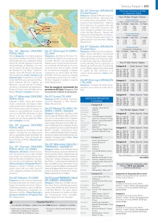 Grecia y Turquía I 253
                                                                                                   Día 26º (Viernes) JERUSALEN                             Precio por Persona en $ USA
                                                                                                   (Ciudad Nueva )                                            en Habitación Doble
                                                                                                   Desayuno. Salida al Monte Scopus y
                                                                                                   Monte de los Olivos. Panorama de                       Tour 14 días: Turquía / Grecia
                                                                                                   la ciudad santa amurallada. Conti-                              Temporada Baja
                                                                                                                                                       11 Marzo / 22 Abril + 07 Octubre / 28 Octubre
                                           Estambul                                                nuamos hacia Getsemaní, Basílica
                                                                                                                                                     Cat     H. Doble      Supl. Ind.      H. Triple
                                                                                                   de la Agonía y la ciudad nueva de
                                                   Capadocia                                                                                          B        1.690           840             1.540
                           Atenas                                                                  Jerusalén. Visita Del Santuario del                C        2.120          1.080            1.890
                                    Kusadasi                                                       Libro donde se exhiben los manus-                  D        2.440          1.610            2.150
                                                 Pammukale
                                                                                                   critos del Mar Muerto, Museo del
                                        Efeso                                                                                                                     Temporada Media
                                                                                                   Holocausto (Yad Vashem). Continua-                               29 Abril / 26 Agosto
                                                                                                   ción hacia Ein Karem para visitar la              Cat     H. Doble      Supl. Ind.      H. Triple
                                                   Haifa                                           iglesia de San Juan Bautista. Cena y               B        1.750           870             1.600
                                               Tel Aviv         Nazareth                           alojamiento.                                       C        2.190          1.115            1.955
                                                                                                                                                      D        2.510          1.645            2.215
                                        Cairo       Jerusalen                                      Día 27º (Sábado) JERUSALEN                                       Temporada Alta
                                                                                                   (Ciudad Vieja )                                             02 Septiembre / 30 Septiembre
Día 16º (Martes) CRUCERO                            Día 21º (Domingo) El CAIRO /                   Desayuno. Salida hacia la ciudad an-              Cat     H. Doble      Supl. Ind.      H. Triple
POR EL NILO                                         TEL AVIV                                       tigua. Visita del Muro Occidental                  B        1.770           880             1.620
Tras el desayuno, inicio del programa               Desayuno y día libre en El Cairo. Po-          (Muro de las Lamentaciones), expla-                C        2.215          1.125            1.980
                                                                                                                                                      D        2.545          1.665            2.245
de visitas incluidas en el barco. Visita            sibilidad de realizar excursiones op-          nada del templo, Vía Dolorosa, Igle-
del Templo de Luxor, dedicado al dios               cionales: Menﬁs y la necrópolis de             sia del Santo Sepulcro, Monte Sion,
Amón-Ra donde destaca la avenida                    Sakkara para conocer la enorme esta-           tumba del Rey David, Cenáculo, la                       Tour 21 días: Grecia / Egipto
de las Esﬁnges, el Obelisco con más                 tua tumbada de Ramses II y la pirá-            Abadía de la Dormición. Por la tarde             Categoría B           Doble Sup.Ind. Triple
de 25 metros de altura, las estatuas                mide de Unas. Barrio Copto, donde              visita a Belén, Iglesia de la Natividad
                                                                                                                                                    Mar 11 / Abr 01        3.680      1.190      3.500
de Ramsés II y la Naos. Posterior-                  se encuentra la sinagoga o realizar            la capilla de San Jerónimo y el                  Abr 08 / Abr 15        3.410      1.010      3.230
mente, visita del Templo de Karnak.                 compras en su activo bazar de Khan             campo de los pastores. Cena y alo-               Abr 22 / Ago 26        3.250      1.070      3.090
Opcionalmente (visita incluida en el                el Khalili. A la hora oportuna traslado        jamiento.                                        Sep 02 / Sep 30        3.270      1.080      3.110
                                                                                                                                                    Oct 07 / Oct 28        3.190      1.030      3.020
paquete plus) Cruzaremos a la orilla                al aeropuerto para tomar el vuelo a
oeste del Nilo para conocer las fabu-               Tel Aviv. Llegada y traslado a nuestro         Día 28º (Domingo) JERUSALÉN                      Categoría C           Doble Sup.Ind. Triple
losas estatuas de los Colosos de                    hotel Alojamiento.                             / TEL AVIV                                       Mar 11 / Abr 01        4.240      1.650      3.990
Memnon, con sus más de 15 metros                                                                   Desayuno. Traslado de salida al ae-              Abr 08 / Abr 15        3.990      1.480      3.730
de altura, y el Templo de Hatshepsut.               Para los pasajeros terminando los              ropuerto para tomar el vuelo de sa-              Abr 22 / Ago 26        3.820      1.380      3.570
Posteriormente visita del Valle de los              servicios en El Cairo: Desayuno. A la          lida.                                            Sep 02 / Sep 30        3.980      1.420      3.720
                                                                                                                                                    Oct 07 / Oct 28        3.880      1.370      3.630
Reyes. Pensión completa a bordo.                    hora prevista traslado al aeropuerto.
                                                                                                                                                    Categoría D           Doble Sup.Ind. Triple
Día 17º (Miércoles) CRUCERO                         Día 22º (Lunes) TEL AVIV
                                                                                                         HOTELES PREVISTOS                          Mar 11 / Abr 01        4.560      2.100      4.240
POR EL NILO                                         Desayuno buffet. Día libre. Excursión                                                           Abr 08 / Abr 15        4.290      1.925      3.990
Llegada a Edfú. Visita del templo                   optional Massada y Mar Muerto.                          o similares                             Abr 22 / Ago 26        4.195      1.910      3.890
mejor conservado de Egipto, dedi-                   Cena. Alojamiento.                                                                              Sep 02 / Sep 30        4.395      2.020      4.075
                                                                                                                  Categoría B                       Oct 07 / Oct 28        4.290      1.960      3.980
cado al dios Horus. Navegación hacia
Kom Ombo para visitar su templo, si-                Día 23º (Martes) TEL AVIV / CE-                Estambul       Yigitalp / Black Bird 4*
                                                                                                   Capadocia      Yiltok 4*                                 Tour 28 días: Egipto / Israel
tuado en una plataforma rocosa en                   SAREA / HAIFA / GALILEA                        Pamukkale      Tripoli 4*
una curva del Nilo dedicado al dios                 Desayuno. Salida para una breve visita         Kusadasi       Tatlise 4*                        Categoría B           Doble Sup.Ind. Triple
Horus y al dios de los cocodrilos                   de la ciudad de Tel Aviv-Jaffa. Continua-      Crucero Egeo   Cat IA/IB (Interior Estándar)     Mar 11 / Abr 01        5.495      1.710      5.320
Sobek con sus textos grabados. Pen-                 ción por la ruta costera hacia Cesarea,        Atenas         Jason Inn / Dorian Inn 3*sup.     Abr 08 / Abr 15        5.240      1.530      5.050
sión completa a bordo.                              donde se visita el teatro romano y la ciu-     Cairo          Barcelo / Grand Pyramids 5*       Abr 22 / Ago 26        5.080      1.590      4.910
                                                                                                   Crucero Nilo   Florence 5*                       Sep 02 / Sep 30        5.095      1.600      4.930
                                                    dad cruzada. Prosiguen hacia Haifa, san-                                                        Oct 07 / Oct 28        5.025      1.550      4.850
Día 18º (Jueves) CRUCERO                            tuario Stella Maris, los Jardines Persas,      Jerusalén      Caesar / Park 3* sup.
POR EL NILO                                         vista panorámica de la ciudad desde el         Galilea        Kibbutz 4*                        Categoría C           Doble Sup.Ind. Triple
                                                                                                   Tiberiades     Prima Tiberias / Restal 3* sup.
Aswan, situada en la frontera sur de                Monte Carmelo. Continuación hacia                                                               Mar 11 / Abr 01        6.180      2.210      5.930
                                                                                                   Tel Aviv       Sea Net / Deborah 3* sup.
Egipto. Tomaremos una faluca para                   Acre, ciudad fortiﬁcada de los Cruzados,                                                        Abr 08 / Abr 15        5.930      2.040      5.670
dar un agradable paseo alrededor de                 donde se visitaran las fortiﬁcaciones me-                                                       Abr 22 / Ago 26        5.760      1.940      5.510
                                                                                                                                                    Sep 02 / Sep 30        5.920      1.980      5.660
la isla Elefantina. Visita al templo de             dievales. Prosiguen hacia Galilea. Cena                       Categoría C                       Oct 07 / Oct 28        5.820      1.940      5.570
Isis en la Isla de Philae. Pensión com-             y alojamiento en Galilea.                      Estambul     Eresin TaximPremier /
pleta a bordo.                                                                                                  Grand Oztanik 4*                    Categoría D           Doble Sup.Ind. Triple
                                                    Día 24º (Miércoles) GALILEA /                  Capadocia    Yiltok 4*                           Mar 11 / Abr 01        6.670      2.730      6.350
Día 19º (Viernes) CRUCERO                           TIBERIADES / NAZARETH                          Pamukkale    Tripoli 4*                          Abr 08 / Abr 15        6.395      2.540      6.095
POR EL NILO / EL CAIRO                              Desayuno. Salida hacia el Monte de las         Kusadasi     Tatlise 4*                          Abr 22 / Ago 26        6.310      2.530      5.995
                                                                                                   Crucero Egeo Cat XA/XB (Exterior Están-          Sep 02 / Sep 30        6.510      2.640      6.190
Desayuno y almuerzo a bordo. Excur-                 Bienaventuranzas, escenario del sermón                                                          Oct 07 / Oct 28        6.395      2.590      6.090
                                                                                                                dar)
sión opcional en bus a Abu Simbel                   de la montaña. Visita a Tabgha lugar de
                                                                                                   Atenas       Zafolia 4* sup.                           Tasas de Embarque y aumento carburante:
para visitar sus impresionantes tem-                la multiplicación de los panes y los peces.    Cairo        Meridien Pyramides 5* Lujo                                          155 $ NETO
plos de Ramsés II y Nefertari, rescata-             Cafarnaún, antigua sinagoga y casa de          Crucero Nilo Premiun / Radamis I 5*Lujo
dos de las profundidades del Nilo.                  San Pedro. Continuamos bordeando el            Jerusalén    Jerusalén Gate / Rimonim 4*
(Visita incluida en el Paquete Plus P+)             Mar de Galilea hacia Tiberiades. Por la        Galilea      Kibbutz 4*                           Excursión Opcional a Massada y Mar
Regreso a Aswan. Traslado al aero-                  tarde via Cana de Galilea hacia Nazareth,      Tiberiades   Royal Plaza / Leonardo Tibe-             Muerto 125 $ por persona
puerto para salir en vuelo hacia El                 visita de la Iglesia de la Anunciación, car-                rias 4*                                      (mínimo 2 personas)
Cairo. Llegada y traslado al hotel. Alo-            pintería de José y Fuente de la Virgen.        Tel Aviv     Metropolitan / Mercure 4*
jamiento.                                           Cena y alojamiento en Galilea.                                Categoría D                       Suplemento de Temporada Alta en Israel:
                                                                                                                                                    se aplica a las siguientes fechas iniciando en
                                                                                                   Estambul     Crowne Plaza Old City /
Día 20º (Sábado) El CAIRO                           Día 25º (Jueves) TIBERIADES / VALLE                         Harbiye 5*
                                                                                                                                                    Tel Aviv el día 21 del tour:
Desayuno y visita a las mundialmente                DEL JORDAN / JERUSALEM                         Capadocia    DoubleTree By Hilton Ava-           Categoria B
famosas pirámides de Gizeh y la Es-                 Desayuno. Salida por el Valle del Jor-                      nos 5*                              Iniciando en TLV el día 21/JUL, 28/JUL,
ﬁnge con entrada al recinto. Opcio-                 dan hacia Jericó, visitando las excava-        Pamukkale    Pam Thermal 5*                      04/AGO, 11/AGO, 18/AGO. Por persona $ 65
nalmente podremos visitar el Museo                  ciones. Vista del Monte de la Tentación        Kusadasi     Surmeli 5*                          Iniciando en TLV el día 24/MAR, 22/SEP, por
Egipcio, Mezquitas y Ciudadela con                  y del Mar Muerto. Se sigue atrave-             Crucero Egeo Cat XC / XD (Exterior Pre-          persona $ 245
almuerzo incluido. (Visita Opcional y               sando el desierto de Judea via Beta-                        miun)
                                                                                                   Atenas       Melia Atenas / Park 5*              Categoria C
almuerzo incluido en el Paquete Plus                nia. Continuación hacia Jerusalén.                                                              Iniciando en TLV el día 21/JUL, 28/JUL,
                                                                                                   Cairo        Ramses Hilton 5* Lujo
P+). Alojamiento.                                   Cena y alojamiento en Jerusalén.               Crucero Nilo Nile Premiun / Radamis II           04/AGO, 11/AGO, 18/AGO. Por persona $ 70
                                                                                                                5*Lujo                              Iniciando en TLV el día 24/MAR, 22/SEP, por
                                       Paquete Plus (P+)                                           Jerusalén    Grand court / Leonardo /            persona $ 280
                                                                                                                Ramada / Prima Royale 4* sup
  21 O 28 DÍAS: ESTAMBUL / CAIRO O TEL AVIV: 270$ INCLUYE 1 COMIDAS Y 3 EXTRAS                                                                      Categoria D
                                                                                                   Galilea      Kibbutz 4*
                                                                                                                                                    Iniciando en TLV el día 21/JUL, 28/JUL,
 • Visita todo el día al Museo Egipcio,               • Excursión a Abu Simbel desde Aswan         Tiberiades   Rimonim Mineral / Caesar
                                                                                                                                                    04/AGO, 11/AGO, 18/AGO. Por persona $ 80
   Mezquita, Ciudadela con almuerzo                     en Bus.                                                 4* sup                              Iniciando en TLV el día 24/MAR, 22/SEP, por
 • Visita al Valle de los Reyes en Luxor                                                           Tel Aviv     Metropolitan / Grand                persona $ 325
                                                                                                                Beach 4* sup
 