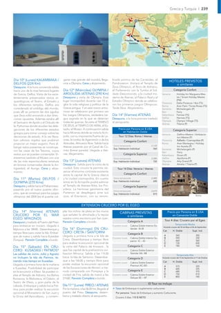 Grecia y Turquía I 239

                                                                                                                 Venecia

                                                                                                    Florencia



                                                                                                             Roma
                                                                                                                       Bari
                                                                                                     Nápoles
                                                                                                        Sorrento
                                                                                                                           Igomunitsa      Meteora
                                                                                                                                                    Mykonos      Kusadasi
                                                                                                                                  Delfos
                                                                                                                                           Atenas


                                                                                                                                                             Creta




Día 10º (Lunes) KALAMBAKA /                 gante más grande del mundo), llega-          brado pórtico de las Cariátides, el
                                                                                                                                                    HOTELES PREVISTOS
DELFOS (224 Km)                             mos a Olympia. Cena y alojamiento.           Pandroseion. Visitará el Templo de                            o similares
Desayuno. A la hora convenida salida                                                     Zeus Olimpico, el Arco de Adriano,
hacia uno de lo mas famosos lugares         Día 12º (Miércoles) OLYMPIA /                el Parlamento con la Tumba al Sol-                             Categoría Confort
de Grecia, Delfos. Visita de los exce-      ARGOLIDA /ATENAS (290 Km)                    dado Desconocido, y la ciudad mo-                 Venecia          Holiday Inn Marguera-Mes-
lentemente preservados restos ar-           Desayuno y visita de Olympia. Este           derna de Atenas, el Palacio Real y el                              tre / Smart Holiday Mestre
                                            lugar monopolizó durante casi 10 si-         Estadio Olímpico donde se celebra-                                 (PM)
queológicos, el Teatro, el Estadio y
                                                                                                                                           Florencia        Delta Florence / Ibis (TS)
los diferentes templos. Delfos era          glos la vida religiosa y política de la      ron los primeros juegos Olímpicos.
                                                                                                                                           Roma             Aran Park / Torres Rossa (TS)
considerado el ombligo del mundo,           Grecia antigua. Y en este marco armo-        Tarde libre. Alojamiento.                         Sorrento         Michelangelo (P)
pues allí se juntaron las dos águilas       nioso se celebraron por primera vez                                                            Bari             Ferry
que Zeus soltó enviando a dos direc-        los Juegos Olímpicos, verdadera tre-         Día 14º (Viernes) ATENAS                          Kalambaca        Famissi (TS)
ciones opuestas. Además estaba allí         gua sagrada en la que se detenían            Desayuno, a la hora prevista traslado             Delfos           Hermes (TS)
                                                                                                                                           Olympia          Olympic Village (TS)
el Santuario de Apolo y el Oráculo de       todas las guerras. Se visita el TEMPLO       al aeropuerto.
                                                                                                                                           Atenas           Titania (P)
la Pythonisa donde acudían las dele-        DE ZEUS, el TEMPLO DE HERA, el Es-
gaciones de los diferentes estados          tadio, el Museo. A continuación salida            Precio por Persona en $ USA
                                                                                                                                                       Categoría Superior
                                            hacia Micenas donde se visita la Acró-                en Habitación Doble
griegos para tomar consejo sobre las                                                                                                       Venecia          Delﬁno-Mestre / Ambascia-
decisiones de estado. A la vez lleva-       polis, con su imponente Puerta de Le-              Tour 12 Días: Roma / Atenas                                  tori-Mestre (P)
ban valiosos regalos que pudieran           ones, la tumba de Agamenón o de los                                                            Florencia        Raffaello / Cosmopolitan (P)
                                                                                                    Categoría Confort
propiciar un mejor augurio. Para al-        Atreudes. Almuerzo libre. Salida hacia                                                         Roma             Aran Mantegna / Holiday
                                                                                                                              2.125                         Inn Aurelia (P)
bergar estos presentes se construye-        Atenas pasando por el Canal de Co-
                                                                                          Sup. Habitación Individual            560        Sorrento         Michelangelo (P)
ron las casas de los Tesoros, cuyos         rinto (breve parada). Llegada a Ate-
                                                                                                                                           Bari             Ferry
restos aun se pueden contemplar. Vi-        nas. Alojamiento.                                      Categoría Superior                      Kalambaca        Divani (P)
sitaremos también el Museo con una                                                                                            2.285        Delfos           Apollonia (P)
de las más espectaculares estatuas          Día 13º (Jueves) ATENAS                       Sup. Habitación Individual            725        Olympia          Arty Grand (P)
en bronce conservadas desde la An-          Desayuno. Salida para la visita de la                                                          Atenas           Amalia / Titania (P)
tigüedad, el Auriga. Cena y aloja-          ciudad. Este circuito le permite ob-             Tour 14 Días: Venecia / Atenas
miento.                                     servar el enorme contraste existente
                                            entre la capital de la Grecia clásica                   Categoría Confort
Día 11º (Martes) DELFOS /                   y la ciudad cosmopolita. En cuanto                                                2.485
                                                                                          Sup. Habitación Individual            690
OLYMPIA (270 Kms)                           entre en la Acropolis podrá admirar
Desayuno y salida hacia el Peloponeso,      el Templo de Atenea Nike, los Pro-                     Categoría Superior
pasando por el nuevo puente olím-           pileos. La hermosa geometría del
                                                                                                                              2.675
pico, que se construyó para los juegos      Partenon se desplegará ante sus               Sup. Habitación Individual            815
                                            ojos, el Erecteion, con su renom-                                                                                                      Roma
olímpicos del 2004 (es el puente col-


                                                             EXTENSION CRUCERO POR EL EGEO
Día 14º (Viernes) ATENAS                    plar los nichos de plata en los muros
                                                                                                CABINAS PREVISTAS                                Precio por Persona en $ USA
CRUCERO POR EL MAR                          que señalan la almohada y la repisa                     o similares                                      en Camarote Doble
EGEO: MYKONOS                               usados como escritorio por San Juan.
                                                                                                                                             Tour 4 días: Crucero por el Egeo
Desayuno y traslado al Puerto del Pireo     Pensión Completa a bordo.                                    Categoría A
                                                                                                                                                          Temporada Media
para embarcar en crucero. Llegada a                                                      Crucero Louis    Cabina Doble Interior Es-
                                                                                                                                            Iniciando crucero del 24 de Mayo al 06 de Septiembre
Mykonos a las 18h00. Desembarque y          Día 16º (Domingo) EN CRU-                                     tándar IA-IB
                                                                                                                                           Cat         H. Doble                Supl. Ind.
tiempo libre para visitar la Isla. Embar-   CERO: CRETA / SANTORINI                                      Categoría B
que de nuevo y salida hacia Kusadasi        Llegada a primera hora a la Isla de                                                              A             540                     300
                                                                                         Crucero Louis    Cabina Doble Interior Su-          B             590                     330
(Turquía). Pensión Completa a bordo.        Creta. Desembarque y tiempo libre                                                                C             660                     360
                                                                                                          perior IC – ID
                                            para realizar la excursión opcional de                                                           D             730                     400
                                                                                                         Categoría C                         E             780                     760
Día 15º (Sábado) EN CRU-                    la visita del Palacio de Knossos , la
CERO: KUSADASI / PATMOS*                    que fue capital de la prehistórica civi-     Crucero Louis    Cabina Doble Exterior
Las salidas de Junio, Julio y Agosto        lización Minoica. Salida a las 11h30                          Standar XA- XB
                                                                                                                                                            Temporada Alta
no Incluyen la Isla de Patmos, te-          hacia la Isla de Santorini. Desembar-                        Categoría D                       Iniciando crucero del 13 de Septiembre al 11 de Octubre
niendo más tiempo en Kusadasi.              que a las 16h30 y tiempo libre para                                                            Cat         H. Doble                Supl. Ind.
                                                                                         Crucero Louis    Cabina Doble Exterior
Llegada a primera hora de la mañana         poder realizar la excursión opcional                          Premiun XC-XD                      A             570                     320
a Kusadasi. Posibilidad de participar       de las Excavaciones de Akrotiri a me-                                                            B             600                     335
en la excursión a Efeso. Se pueden vi-      nudo comparada con Pompeya y la                              Categoría E                         C             680                     370
sitar el Templo de Adriano, los Baños       ciudad de Fira, salida de nuevo a las        Crucero Louis    Cabina Doble Exterior              D             750                     410
                                                                                                          Deluxe XE – XF                     E             800                     780
Romanos, la Biblioteca, el Odeón, el        21h00. Pensión Completa a bordo.
Teatro de Efeso, y gran parte de la
                                                                                                                            El Tour no incluye
calzada. Embarque y salida hacia Pat-       Día 17 º (Lunes) PIREO / ATENAS
mos para poder realizar la excursión        Por la mañana, a las 06,00 hrs, llegada al   • Tasas de Embarque ni suplemento carburante:
opcional al Monasterio de San Juan y        puerto del Pireo. Desayuno, desem-              Por persona: Tasas de Embarque y aumento Carburante.
la Gruta del Apocalipsis, y contem-         barco y traslado directo al aeropuerto.         Crucero 3 días: 110 $ NETO
 