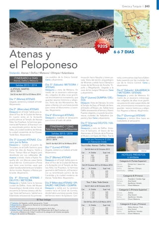 Grecia y Turquía I 243




                                                                                                                                          Meteora


                                                                                                                                               Delfos

                                                                                                                                                                Atenas

                                                                                                                                               Epidauro



                                                                                                               desde
                                                                                                              920$

Atenas y                                                                                                                          6 ó 7 DIAS


el Peloponeso
Visitando: Atenas I Delfos I Meteora I Olimpia I Kalambaca.
                                              cos pueblos de la Grecia Central.         tinuación hacia Nauplia y breve pa-        visita continuamos viaje hacia Kalam-
     ITINERARIO 6 DÍAS
                                              Cena y alojamiento.                       rada. Visita del recinto arqueológico      baka pasando por las ciudades típi-
     Atenas, Delfos y Meteora
                                                                                        de Micenas y salida hacia Olympia a        cas de la Grecia Central. Cena y
       Salidas 2013 / 2014                    Día 5º (Sábado) METEORA /                 través de las llanuras de Arcadia, Tri-    alojamiento.
                                              ATENAS                                    polis y Megalópolis. Llegada a la
 A ATENAS: MARTES                             Desayuno y visita de Meteora. En
 2013 / 2014
                                                                                        cuna de los Juegos Olímpicos. Cena         Día 6º (Sábado) KALAMBACA
                                              medio de un escenario sobrecoge-          y alojamiento.                             / METEORA / ATENAS
 Del 02 de Abril 2013 al 25 Marzo 2014        dor, colgados de altas rocas graníti-                                                Desayuno y visita de Meteora. En
                                              cas encontraremos monasterios, que        Día 4º (Jueves) OLIMPIA / DEL-             medio de un escenario sobrecoge-
Día 1º (Martes) ATENAS                        guardan tesoros históricos y religio-     FOS                                        dor, colgados de altas rocas graníti-
Llegada, asistencia y traslado al hotel.      sos. Visita de dos Monasterios. Re-       Desayuno. Visita de Olympia. Se visita     cas pareciendo estar suspendidos del
Alojamiento.                                  greso a Atenas con una breve parada       el Templo de Zeus, el Templo de Hera,      aire, encontraremos monasterios que
                                              para visitar el Monumento a Leoni-        el Estadio, el Museo, etc. Salida hacia    guardan tesoros históricos y religio-
Día 2º (Miércoles) ATENAS                     das. Alojamiento.                         Delfos atravesando el famoso y Nuevo       sos. Regreso a Atenas. Alojamiento.
Desayuno en el hotel. Salida para re-
                                                                                        Puente colgante y cruzando las pinto-
alizar el Tour de la Ciudad de Atenas.        Día 6º (Domingo) ATENAS.                  rescas ciudades de Nafpaktos (Le-          Día 7º (Domingo) ATENAS
En cuanto entre en la Acrópolis               Desayuno y traslado al aeropuerto         panto) y Itea. Cena y alojamiento.         Desayuno y tiempo libre hasta ser
podrá admirar el Templo de Atenea             para tomar el vuelo de salida.                                                       trasladados al aeropuerto.
Nike, los Propileos, la hermosa geo-
                                                                                        Día 5º (Viernes) DELFOS / KA-
metría del Partenón, el Erecteion con
                                                   ITINERARIO 7 DÍAS                    LAMBACA
su renombrado pórtico de las Cariá-
                                              Toda Grecia: Atenas y el Peloponeso       Desayuno y visita de Delfos. Visita-
tides, y la ciudad moderna de Atenas,
                                                                                        mos el Santuario, el tesoro de los
la ciudad consentida de los Dioses.
                                                     Salidas 2013 / 2014                Atenienses, el Oráculo de la Pitonisa,
Tarde libre. Alojamiento
                                                                                        el Museo y el Agias de Filipo. Tras la
                                               A ATENAS: LUNES
Día 3º (Jueves) ATENAS. Cru-                   2013 / 2014                                    Precio por Persona en $ USA
cero por la Bahía.                                                                               en Habitación Doble
                                               Del 01 de Abril 2013 al 24 Marzo 2014
Desayuno y traslado al puerto de                                                        Tour 6 días: Atenas / Delfos / Metora
Trocadero, en el Golfo Sarónico, para        Día 1º (Lunes) ATENAS
visitar las islas de Aegina, Hydra y         Llegada, asistencia y traslado al hotel.         Del 02 Abril al 22 Octubre 2013
                                                                                                                                                                   Atenas
Poros. Tiempo libre en Aegina para           Alojamiento.                               Cat        H. Doble         Supl. Ind.
deambular por sus callejuelas. Al-                                                       A           920               440              HOTELES PREVISTOS
muerzo a bordo. Visita a Hydra: Pe-          Día 2º (Martes) ATENAS                      B          1.030              530                 o similares
                                                                                         C          1.120              620
queña isla con blancas casas frente          Desayuno en el hotel. Salida para re-       D          1.220              670            Categoría A (Turista Superior)
al azul del mar. Continuación a Poros        alizar el Tour de la Ciudad de Atenas
                                                                                                                                   Atenas         Dorian Inn / Jason Inn
que tiene unas bonitas casas que             y la Acrópolis con el Templo de Ate-        Del 29 Octubre 2013 al 25 Marzo 2014
                                                                                                                                   Olimpia        Illis
suben escalonadamente por la ladera          nea Nike, los Propileos, la hermosa        Cat        H. Doble         Supl. Ind.     Delfos         Hermes / Olimpic
de los montes. Regreso a Atenas por          geometría del Partenón, el Erecteion        A           875               420         Kalambaka      Orfeas
la tarde. Alojamiento.                       con su renombrado pórtico de las            B           990               515
                                             Cariátides y la ciudad moderna de           C          1.100              595
                                                                                         D          1.175              625
                                                                                                                                          Categoría B (Primera)
Día 4º (Viernes) ATENAS /                    Atenas. Tarde libre. Alojamiento.
                                                                                                                                   Atenas         President / Golden Age
DELFOS / METEORA                                                                                                                   Olimpia        Arty Grand
Desayuno y Salida hacia la famosa            Día 3º (Miércoles) ATENAS/ EPI-                    Tour 7 días: Toda Grecia           Delfos         Apollonia / Amalia
ciudad de Delfos. Visita del Museo           DAURO / MICENAS / OLIMPIA                        Del 01 Abril al 28 Octubre 2013      Kalambaka      Divani Meteora
Arqueológico donde entre otras se            Desayuno y salida por la carretera
                                                                                        Cat        H. Doble         Supl. Ind.       Categoría C (Primera Superior)
encuentra la famosa estatua del Au-          costera hacia el Canal de Corinto,
                                                                                         A          1.160              520         Atenas         Zafolia
riga. Visita del Santuario. Salida hacia     donde habrá una breve parada. Visita        B          1.295              620
Kalambaka atravesando los pintores-          del famoso teatro de Epidauro. Con-                                                   Olimpia        Arty Grand
                                                                                         C          1.370              690
                                                                                         D          1.440              730         Delfos         Apollonia / Amalia
                                  El Tour incluye                                                                                  Kalambaka      Divani Meteora
                                                                                             Del 04 Nov 2013 al 24 Marzo 2014
• Traslados de llegada y salida aeropuerto / hotel.
• Alojamiento y desayuno en Atenas en la Categoría escogida.                                                                          Categoría D (Lujo y Primera)
                                                                                        Cat        H. Doble         Supl. Ind.
• Visita de la ciudad.                                                                                                             Atenas         Melia Atenas / Park
• Crucero de 1 día con almuerzo en el programa de 6 días.                                A          1.110              500
                                                                                         B          1.235              600         Olimpia        Arty Grand
• Media Pensión durante el Circuito del Peloponeso de 4 días/3 noches y en
 el circuito a Meteora de 2 días/1 noche en la categoría de hoteles escogida.            C          1.310              675         Delfos         Apollonia / Amalia
• Seguro de asistencia Mapaplus.                                                         D          1.375              700         Kalambaka      Divani Meteora
 