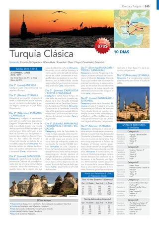 Grecia y Turquía I 245




                                                                                                                                                      Estambul

                                                                                                                                      Canakkale                   Capadocia

                                                                                                                                                             Pammukale
                                                                                                                                         Kusadasi
                                                                                                                                                     Efeso




                                                                                                             desde
                                                                                                           870$

Turquía Clásica                                                                                                                   10 DIAS

Visitando: Estambul I Capadocia I Pamukkale I Kusadasi I Efeso I Troya I Canakkale I Estambul.

       Salidas 2013 / 2014                  casas de diferentes culturas. Almuerzo.    Día 7º (Domingo) KUSADASI /                 rán hasta el Gran Bazar. Fin de la ex-
                                            Recorrido por el valle de Pasabag. A       TROYA / CANAKKALE                           cursión. Alojamiento
 A ESTAMBUL: LUNES                          continuación visita del valle de Uçhisar   Desayuno y visita de Pérgamo y el As-
 2013 / 2014                                donde se puede contemplar la anti-         clepion, el centro principal de curacio-    Día 10º (Miércoles) ESTAMBUL
 Del 25 de Marzo de 2013 al 24 de           gua fortaleza excavada en la roca. Sen-    nes en el Oriente. Almuerzo. Visita de      Desayuno. A la hora prevista traslado
 Marzo de 2014                              derismo por el Valle Kiliclar donde        Troya cuyo nombre trae a la mente los       al aeropuerto para tomar el vuelo de
                                            veremos las formaciones mas curiosas       poemas homéricos y la epopeya tro-          salida.
Día 1º (Lunes) AMERICA                      de Capadocia. Cena y alojamiento.          yana. En ella se han encontrado restos
Salida en vuelo intercontinental con                                                   arqueológicos de nueve periodos de
destino a Europa                            Día 5º (Viernes) CAPADOCIA                 diferentes colonizaciones. Llegada al
                                            / KONYA / PAMUKKALE                        hotel cena y alojamiento.
Día 2º (Martes) ESTAMBUL                    Desayuno y salida hacia Konya, en
Llegada al aeropuerto y traslado al         ruta visita de una típica posada me-       Día 8º (Lunes) CANAKKALE /
hotel. Día libre para hacer nuestro         dieval de la ruta de Seda. Visita del      ESTAMBUL
primer contacto con la ciudad y qui-        monasterio de los Derviches Danzan-        Desayuno y salida hacia Estambul. Al-
zás llegar a pasear por el Gran Bazar.      tes, fundado por Mevlana. Almuerzo.        muerzo en ruta. Al ﬁnalizar el almuerzo
Alojamiento                                 Continuación a Pamukkale, maravilla        cruzaremos por la bahía de Yzmit en
                                            natural de gigantesca cascada blanca,      Ferry, desde donde se pueden con-
Día 3º (Miércoles) ESTAMBUL                 estalactitas y piscinas naturales proce-   templar los tres mares: el Mar Negro,
/ CAPADOCIA                                 dentes de fuentes termales. Cena y         el Bósforo y el Mar de Mármara, con
Desayuno y traslado al aeropuerto           alojamiento.                               vistas de las mansiones de los Otoma-
para salir en vuelo hacia Capadocia.                                                   nos. Llegada a Estambul y alojamiento.                                       Estambul
Llegada. Empezaremos la visita de           Día 6º (Sábado) PAMUKKALE
esta maravillosa región, una mezcla         / HIERAPOLIS / EFESO / KU-                 Día 9º (Martes) ESTAMBUL                         HOTELES PREVISTOS
de los caprichos de la naturaleza y el      SADASI                                     Desayuno y salida para la visita de la
                                                                                                                                           o similares
arte humano. Visita del museo al aire       Desayuno y visita de Pamukkale, fa-        parte antigua donde están concentra-                       Categoría A
libre de Göreme con las iglesias ru-        mosa por sus cascadas calcáres petri-      dos los monumentos más destacados           Estambul         Yigitalp / Black Bird 4*
pestres decoradas con frescos. Para-        ﬁcadas que se han formado a causa          Otomanos y Bizantinos. Comenzare-           Capadocia        Yiltok 4*
das en los valles de Avcilar y              de cal del agua que emana en la            mos con la visita de Santa Soﬁa. Tras       Pamukkale        Tripoli 4*
Güvercinlik donde se disfruta de un         zona. Visita de Hierápolis, posee una      esta visita seguiremos al Palacio de        Kusadasi         Tatlise 4*
increíble paisaje lunar. Almuerzo. Por                                                                                             Canakkale        Iris 4*
                                            necrópolis de más de 150.000 tum-          Topkapÿ, el famoso recinto gigan-
la tarde visitas a los talleres de alfom-   bas. Almuerzo en ruta. Llegada a           tesco desde donde fue dirigido todo                        Categoría B
bras y de piedras semipreciosas (ónix       Efeso, la Capital de Asia Menor en la      el Imperio Otomano durante casi 400         Estambul         Vicenza / Venera 4*
y turquesa). Cena y alojamiento.            época Romana. Visita de los vestigios      años. Almuerzo. A continuación, ve-         Capadocia        Yiltok 4*
                                            arqueológicos, donde destaca el            remos el Hipódromo antiguo romano           Pamukkale        Tripoli 4*
Día 4º (Jueves) CAPADOCIA                   templo de Adriano y la biblioteca de       donde destacan los obeliscos de la          Kusadasi         Tatlise 4*
Desayuno y salida hacia la ciudad sub-      Celso. Tendrán la posibilidad de visi-     Serpiente, el de Teodosio y el Egip-        Canakkale        Iris 4*
terránea de Özkonak o Kaymakli exca-        tar un típico centro de producción de      cio. Terminaremos nuestra excursión                        Categoría C
vadas por las primeras comunidades          pieles. Visita de la Casa de la Virgen     con la visita de la famosa Mezquita
                                                                                                                                   Estambul         Eresin Taxim
cristianas. Visita de Ibrahimpasa, un       Maria. Cena y alojamiento en el hotel      Azul, la única del mundo con 6 mina-                         Premier/Grand Oztanik 4*
pueblo típico de la región con sus          de Kusadasi                                retes. Nuestros guías les acompaña-         Capadocia        Yiltok 4*
                                                                                                                                   Pamukkale        Tripoli 4*
                                                                                             Precio por Persona en $ USA           Kusadasi         Tatlise 4*
                                                                                                en Habitación Doble                Canakkale        Iris 4*

                                                                                        Tour 10 días: Estambul / Estambul                         Categoría D
                                                                                       Cat    H. Doble   Supl. Ind.   H. Triple    Estambul         Crowne Plaza Old City /
                                                                                                                                                    Harbiye 5*
                                                                                        A        870        300         850        Capadocia        DoubleTree By Hilton
                                                                                        B        970        350         940                         Avanos 5*
                                                                                        C       1.010       400         980
                                                                                        D       1.180       770        1.150       Pamukkale        Pam Thermal 5*
                                                                                        E       1.570      1.060       1.520       Kusadasi         Surmeli 5*
                                                                         Capadocia                                                 Canakkale        Kolin 5*

                                                                                            Noche Adicional en Estambul                           Categoría E
                                  El Tour incluye
                                                                                       Cat    H. Doble   Supl. Ind.   H. Triple    Estambul         The Marmara Taksim 5*
• Alojamiento y desayuno en los Hoteles de la categoría escogida en Estambul.
                                                                                                                                   Capadocia        DoubleTree By Hilton
• Circuito en Turquia en base a Pensión Completa.                                       A        80          55          75
                                                                                        B        95          80          90                         Avanos 5*
• Visita de la ciudad en Estambul con almuerzo incluido.                                                                           Pamukkale        Pam Thermal 5*
                                                                                        C       145          95         135
• Vuelo desde Estambul hasta Capadocia.                                                 D       170         145         145        Kusadasi         Surmeli 5*
• Seguro de asistencia Mapaplus.                                                        E       285         240         275        Canakkale        Kolin 5*
 