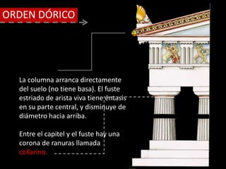 La columna arranca directamente
del suelo (no tiene basa). El fuste
estriado de arista viva tiene éntasis
en su parte central, y disminuye de
diámetro hacia arriba.
Entre el capitel y el fuste hay una
corona de ranuras llamada
collarino.
ORDEN DÓRICO
 