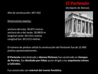 El Partenón
(Acrópolis de Atenas)
Año de construcción: 447-432
Dimensiones exactas:
anchura del este: 30.875 metros
anchura de o del oeste: 30.8835 m
longitud norte: 69.5151 metros
Longitud Sur: 69.5115 metros
El número de piedras utilizó la construcción del Partenón fue de 13.400
piedras aproximadamente.
El Partenón está dedicado a Atenea Pártenos fue construido en tiempos
de Pericles, fue diseñado por Fidias quien dirigió a los arquitectos Ictinos
y Calícrates.
Fue construido con mármol del monte Pentélico.
 