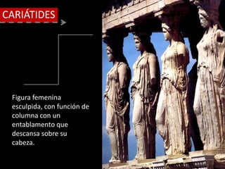 Figura femenina
esculpida, con función de
columna con un
entablamento que
descansa sobre su
cabeza.
CARIÁTIDES
 