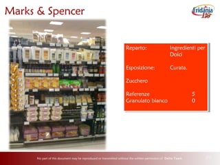 No part of this document may be reproduced or transmitted without the written permission of Delta Team 20
Marks & Spencer
Reparto: Ingredienti per
Dolci
Esposizione: Curata,
Zucchero
Referenze 5
Granulato bianco 0
Reparto: Ingredienti per
Dolci
Esposizione: Curata,
Zucchero
Referenze 5
Granulato bianco 0
 