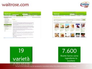 No part of this document may be reproduced or transmitted without the written permission of Delta Team 25
waitrose.com
7.600
Ricette hanno come
ingrediente lo
zucchero
 