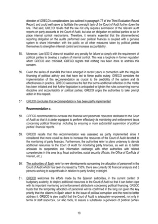 10
direction of GRECO’s considerations (as outlined in paragraph 77 of the Third Evaluation Round
Report) and could well serve to facilitate the oversight task of the Court of Audit further down the
line. That said, GRECO recalls that the law not only requires submission of the relevant audit
reports on party accounts to the Court of Audit, but also an obligation on political parties to put in
place internal control mechanisms. Therefore, it remains essential that the aforementioned
reporting obligation on the audits performed over political finances is coupled with a genuine
system to share information with the public on all other measures taken by political parties
themselves to strengthen internal control and increase accountability.
55. Moreover, Law 5/2012 does not establish any penalty for failure to comply with the requirement of
political parties to develop a system of internal control. This was a loophole in former regulation
which GRECO also criticised. GRECO regrets that nothing has been done to address this
concern.
56. Given the series of scandals that have emerged in recent years in connection with the irregular
financing of political activity and that have led to fierce public outcry, GRECO considers the
implementation of this recommendation as crucial to the credibility of the system and its
effectiveness in practice. GRECO welcomes the fact that some additional reflection on the matter
has been initiated and that further legislation is anticipated to tighten the rules concerning internal
discipline and accountability of political parties; GRECO urges the authorities to take prompt
action in this respect.
57. GRECO concludes that recommendation iv has been partly implemented.
Recommendation v.
58. GRECO recommended to increase the financial and personnel resources dedicated to the Court
of Audit so that it is better equipped to perform effectively its monitoring and enforcement tasks
concerning political financing, including by ensuring a more substantial supervision of political
parties’ financial reports.
59. GRECO recalls that this recommendation was assessed as partly implemented since it
considered that more could be done to increase the resources of the Court of Audit devoted to
the monitoring of party finances. Furthermore, the authorities refer to plans underway to devote
additional resources to the Court of Audit for monitoring party finances, as well as to better
articulate its cooperation and information exchange with other authorities with related
competencies in this area (e.g. fiscal authorities, social security officials, the Office of Conflicts of
Interest, etc.)
60. The authorities of Spain refer to new developments concerning the allocation of personnel in the
Court of Audit which has been increased by 150%: there are currently 36 financial analysts and 6
persons working to support tasks in relation to party funding oversight.
61. GRECO welcomes the efforts made by the Spanish authorities, in the current context of
budgetary austerity, to deploy additional resources to the Court of Audit so that it can better cope
with its important monitoring and enforcement attributions concerning political financing. GRECO
trusts that the temporary allocation of personnel will be confirmed in the long run given the key
priority that the citizens in Spain attach to the issue of political corruption and the need to better
address it. GRECO is also trustful that the Court of Audit is adequately empowered, not only in
terms of staff resources, but also tools, to assure a substantial supervision of political parties’
 