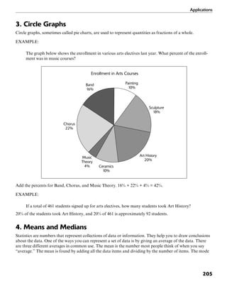 Applications
205
3. Circle Graphs
Circle graphs, sometimes called pie charts, are used to represent quantities as fractions of a whole.
EXAMPLE:
The graph below shows the enrollment in various arts electives last year. What percent of the enroll-
ment was in music courses?
Band
16%
Chorus
22%
Music
Theory
4% Ceramics
10%
Art History
20%
Sculpture
18%
Painting
10%
Enrollment in Arts Courses
Add the percents for Band, Chorus, and Music Theory. 16% + 22% + 4% = 42%.
EXAMPLE:
If a total of 461 students signed up for arts electives, how many students took Art History?
20% of the students took Art History, and 20% of 461 is approximately 92 students.
4. Means and Medians
Statistics are numbers that represent collections of data or information. They help you to draw conclusions
about the data. One of the ways you can represent a set of data is by giving an average of the data. There
are three different averages in common use. The mean is the number most people think of when you say
“average.” The mean is found by adding all the data items and dividing by the number of items. The mode
 
