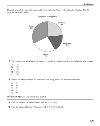 Applications
209
The circle graph below shows the membership of the high school honor roll, broken down by class. Use this
graph for questions 7 and 8.
Juniors
23%
Sophomores
18%
Freshmen
26%
Honor Roll Membership
Seniors
33%
7. The class with the most honor roll members exceeds the class with the fewest members by what percent?
A. 15%
B. 18%
C. 23%
D. 26%
E. 33%
8. If there are 300 students on the honor roll, how many juniors are honor roll members?
A. 23
B. 54
C. 69
D. 78
E. 99
Directions (9–10): Give your answer as a number.
9. Find the mean of the set of numbers {34, 54, 78, 92, 101}.
10. Find the median of the set of numbers {3,4, 5, 4, 7, 8, 9, 2, 10, 1}.
 