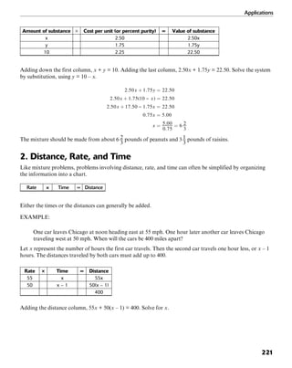 Applications
221
Amount of substance × Cost per unit (or percent purity) = Value of substance
x 2.50 2.50x
y 1.75 1.75y
10 2.25 22.50
Adding down the first column, x + y = 10. Adding the last column, 2.50x + 1.75y = 22.50. Solve the system
by substitution, using y = 10 – x.
The mixture should be made from about pounds of peanuts and pounds of raisins.
2. Distance, Rate, and Time
Like mixture problems, problems involving distance, rate, and time can often be simplified by organizing
the information into a chart.
Rate × Time = Distance
Either the times or the distances can generally be added.
EXAMPLE:
One car leaves Chicago at noon heading east at 55 mph. One hour later another car leaves Chicago
traveling west at 50 mph. When will the cars be 400 miles apart?
Let x represent the number of hours the first car travels. Then the second car travels one hour less, or x – 1
hours. The distances traveled by both cars must add up to 400.
Rate × Time = Distance
55 x 55x
50 x – 1 50(x – 1)
400
Adding the distance column, 55x + 50(x – 1) = 400. Solve for x.
 