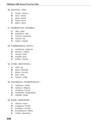 CliffsNotes GRE General Test Cram Plan
258
10. QUINTET : FIVE ::
A. decade : century
B. score : twenty
C. gram : pound
D. dozen : gross
E. gallon : quart
11. INORDINATE : SENSIBLE ::
A. illicit : legal
B. prohibitive : safe
C. colossal : mammoth
D. visceral : key
E. salient : surprise
12. COMMODIOUS : SPACE ::
A. recalcitrant : authority
B. spurious : validity
C. succinct : brief
D. maudlin: grief
E. profuse : paucity
13. ACME : MOUNTAIN ::
A. nadir : pit
B. query : platitude
C. penury : poverty
D. peak : mesa
E. tenacity : range
14. INSURGENT : SUBSERVIENCE ::
A. salubrious : health
B. sedulous : diligence
C. astringent : wound
D. immutable : changeability
E. culpable : blame
15. RASH : FORESIGHT ::
A. inimical : injury
B. contiguous : border
C. profligate : restraint
D. presumptuous : liberty
E. archaic : prescience
 