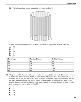 Diagnostic Test
17
38. The hollow cylinder shown has a radius of 3 and a height of 8.
A
B
What is the straight-line distance from point A on the upper rim to point B on the lower rim?
A.
B. 11
C. 48π
D. 10
E. 20.5
Speed (mph) Reaction Distance Braking Distance
20 22 21
30 33 47
40 44 82
50 55 128
60 66 185
39. The previous table shows the distance required to stop a car at different speeds. The reaction distance
is the distance the car travels in the time it takes the driver to realize that a stop is necessary and to
apply the brakes. The braking distance is the additional distance the car will travel between the time
the brake is applied and the time the car reaches a complete stop. Stopping distance is the total of
reaction distance and braking distance. How much longer is the stopping distance for a car traveling
at 60 mph than for one traveling at 40 mph?
A. 22
B. 55
C. 103
D. 125
E. 141
 