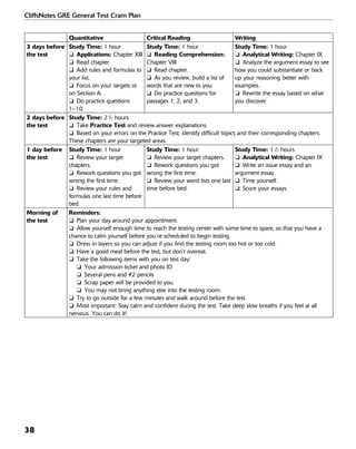 CliffsNotes GRE General Test Cram Plan
38
Quantitative Critical Reading Writing
3 days before
the test
Study Time: 1 hour
❏ Applications: Chapter XIII
❏ Read chapter.
❏ Add rules and formulas to
your list.
❏ Focus on your targets or
on Section A.
❏ Do practice questions
1–10.
Study Time: 1 hour
❏ Reading Comprehension:
Chapter VIII
❏ Read chapter.
❏ As you review, build a list of
words that are new to you.
❏ Do practice questions for
passages 1, 2, and 3.
Study Time: 1 hour
❏ Analytical Writing: Chapter IX
❏ Analyze the argument essay to see
how you could substantiate or back
up your reasoning better with
examples.
❏ Rewrite the essay based on what
you discover.
2 days before
the test
Study Time: 21
/2 hours
❏ Take Practice Test and review answer explanations.
❏ Based on your errors on the Practice Test, identify difficult topics and their corresponding chapters.
These chapters are your targeted areas.
1 day before
the test
Study Time: 1 hour
❏ Review your target
chapters.
❏ Rework questions you got
wrong the first time.
❏ Review your rules and
formulas one last time before
bed.
Study Time: 1 hour
❏ Review your target chapters.
❏ Rework questions you got
wrong the first time.
❏ Review your word lists one last
time before bed.
Study Time: 11
/2 hours
❏ Analytical Writing: Chapter IX
❏ Write an issue essay and an
argument essay.
❏ Time yourself.
❏ Score your essays.
Morning of
the test
Reminders:
❏ Plan your day around your appointment.
❏ Allow yourself enough time to reach the testing center with some time to spare, so that you have a
chance to calm yourself before you’re scheduled to begin testing.
❏ Dress in layers so you can adjust if you find the testing room too hot or too cold.
❏ Have a good meal before the test, but don’t overeat.
❏ Take the following items with you on test day:
❏ Your admission ticket and photo ID
❏ Several pens and #2 pencils
❏ Scrap paper will be provided to you.
❏ You may not bring anything else into the testing room.
❏ Try to go outside for a few minutes and walk around before the test.
❏ Most important: Stay calm and confident during the test. Take deep slow breaths if you feel at all
nervous. You can do it!
 