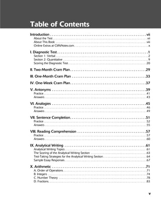 v
Table of Contents
Introduction . . . . . . . . . . . . . . . . . . . . . . . . . . . . . . . . . . . . . . . . . . . . . . . . . . . . . vii
About the Test . . . . . . . . . . . . . . . . . . . . . . . . . . . . . . . . . . . . . . . . . . . . . . . . . . . . . . . . . . . . . . vii
About This Book . . . . . . . . . . . . . . . . . . . . . . . . . . . . . . . . . . . . . . . . . . . . . . . . . . . . . . . . . . . .viii
Online Extras at CliffsNotes.com. . . . . . . . . . . . . . . . . . . . . . . . . . . . . . . . . . . . . . . . . . . . . . . . . x
I. Diagnostic Test . . . . . . . . . . . . . . . . . . . . . . . . . . . . . . . . . . . . . . . . . . . . . . . . . .1
Section 1: Verbal . . . . . . . . . . . . . . . . . . . . . . . . . . . . . . . . . . . . . . . . . . . . . . . . . . . . . . . . . . . . .2
Section 2: Quantitative . . . . . . . . . . . . . . . . . . . . . . . . . . . . . . . . . . . . . . . . . . . . . . . . . . . . . . . .9
Scoring the Diagnostic Test. . . . . . . . . . . . . . . . . . . . . . . . . . . . . . . . . . . . . . . . . . . . . . . . . . . .20
II. Two-Month Cram Plan . . . . . . . . . . . . . . . . . . . . . . . . . . . . . . . . . . . . . . . . . .29
III. One-Month Cram Plan . . . . . . . . . . . . . . . . . . . . . . . . . . . . . . . . . . . . . . . . .33
IV. One-Week Cram Plan. . . . . . . . . . . . . . . . . . . . . . . . . . . . . . . . . . . . . . . . . .37
V. Antonyms . . . . . . . . . . . . . . . . . . . . . . . . . . . . . . . . . . . . . . . . . . . . . . . . . . . .39
Practice . . . . . . . . . . . . . . . . . . . . . . . . . . . . . . . . . . . . . . . . . . . . . . . . . . . . . . . . . . . . . . . . . . . .41
Answers . . . . . . . . . . . . . . . . . . . . . . . . . . . . . . . . . . . . . . . . . . . . . . . . . . . . . . . . . . . . . . . . . . .43
VI. Analogies . . . . . . . . . . . . . . . . . . . . . . . . . . . . . . . . . . . . . . . . . . . . . . . . . . . .45
Practice . . . . . . . . . . . . . . . . . . . . . . . . . . . . . . . . . . . . . . . . . . . . . . . . . . . . . . . . . . . . . . . . . . . .46
Answers . . . . . . . . . . . . . . . . . . . . . . . . . . . . . . . . . . . . . . . . . . . . . . . . . . . . . . . . . . . . . . . . . . .49
VII. Sentence Completion. . . . . . . . . . . . . . . . . . . . . . . . . . . . . . . . . . . . . . . . . .51
Practice . . . . . . . . . . . . . . . . . . . . . . . . . . . . . . . . . . . . . . . . . . . . . . . . . . . . . . . . . . . . . . . . . . . .52
Answers . . . . . . . . . . . . . . . . . . . . . . . . . . . . . . . . . . . . . . . . . . . . . . . . . . . . . . . . . . . . . . . . . . .55
VIII. Reading Comprehension . . . . . . . . . . . . . . . . . . . . . . . . . . . . . . . . . . . . . .57
Practice . . . . . . . . . . . . . . . . . . . . . . . . . . . . . . . . . . . . . . . . . . . . . . . . . . . . . . . . . . . . . . . . . . . .57
Answers . . . . . . . . . . . . . . . . . . . . . . . . . . . . . . . . . . . . . . . . . . . . . . . . . . . . . . . . . . . . . . . . . . .60
IX. Analytical Writing . . . . . . . . . . . . . . . . . . . . . . . . . . . . . . . . . . . . . . . . . . . . .61
Analytical Writing Topics . . . . . . . . . . . . . . . . . . . . . . . . . . . . . . . . . . . . . . . . . . . . . . . . . . . . . .61
The Scoring of the Analytical Writing Section . . . . . . . . . . . . . . . . . . . . . . . . . . . . . . . . . . . . .63
Test-Taking Strategies for the Analytical Writing Section. . . . . . . . . . . . . . . . . . . . . . . . . . . . .64
Sample Essay Responses . . . . . . . . . . . . . . . . . . . . . . . . . . . . . . . . . . . . . . . . . . . . . . . . . . . . . .67
X. Arithmetic . . . . . . . . . . . . . . . . . . . . . . . . . . . . . . . . . . . . . . . . . . . . . . . . . . . .71
A. Order of Operations . . . . . . . . . . . . . . . . . . . . . . . . . . . . . . . . . . . . . . . . . . . . . . . . . . . . . . .71
B. Integers . . . . . . . . . . . . . . . . . . . . . . . . . . . . . . . . . . . . . . . . . . . . . . . . . . . . . . . . . . . . . . . . .74
C. Number Theory . . . . . . . . . . . . . . . . . . . . . . . . . . . . . . . . . . . . . . . . . . . . . . . . . . . . . . . . . .78
D. Fractions. . . . . . . . . . . . . . . . . . . . . . . . . . . . . . . . . . . . . . . . . . . . . . . . . . . . . . . . . . . . . . . . .83
 