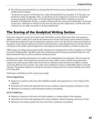 Analytical Writing
63
■ The following recommendation was presented by the human resources department to the trustees of
the Best Jeans Company:
“In the last two quarters of this fiscal year, under the leadership of our president, J. Y. Kearney, our
profits have fallen considerably. Thus, we should ask for his resignation in return for a munificent
severance package. In Jeff’s place, we should appoint Catherine Mack. Catherine is currently
president of Starlight Hot Jewelry, a company whose profits have increased considerably over the past
several years. Although we will have to pay twice the salary for this replacement, it will be well worth
it because we can expect our profits to increase significantly.”
The Scoring of the Analytical Writing Section
Each essay response is scored on a 6-point scale with holistic scoring, which means that each response is
judged as a whole: readers don’t separate the response into sections and award a certain number of points
for a particular component (such as organization, grammar, and so on), but they do assign scores based on
the quality of the response taking into account its characteristics overall. Organization (or the lack thereof)
will be part of the readers’ general impression of the response and will, therefore, contribute to the score.
GRE readers are college and university faculty experienced in teaching courses with an emphasis on writing
and critical thinking skills. All GRE readers have undergone careful training, passed qualifying tests, and
demonstrated that they are able to maintain scoring accurately.
Responses are randomly distributed to two readers who independently score responses. The test takers do
not know the readers. Each reader does not know the other reader’s scores, and the scoring procedure
requires that each response either receive scores that are identical scores from the two readers or receive
scores that differ by only one point. Any other score combination requires a third GRE reader to score the
response. The primary emphasis in scoring the analytical writing section is on critical thinking and analyti-
cal writing skills.
Following is a breakdown of the various score ranges.
5.5 to 6: Superb Essay
■ Supports an opinion on the issue with insightful examples and organization or a fine critique of the
argument.
■ Generally well written and organized with strong vocabulary, logical reasoning, and clarity of style.
■ Mechanics of writing are solid with proper grammar and spelling.
4.5 to 5: Solid Essay
■ Supports an opinion on the issue with solid examples or a strong critique of the argument.
■ Generally well written and organized with varied vocabulary, logical reasoning, and clarity of style.
■ Mechanics of writing are good with only minor flaws in grammar and spelling.
 