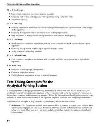 CliffsNotes GRE General Test Cram Plan
64
3.5 to 4: Good Essay
■ Supports an opinion on the issue with good examples.
■ Generally well written and organized with logical reasoning and a clear style.
■ Mechanics are okay.
2.5 to 3: Fair Essay
■ Partially supports an opinion on the issue with insightful examples and organization or a fine critique
of the argument.
■ Generally disorganized with an unclear style and lacking organization.
■ Poor mechanics of writing or awkward grammatical structure and weak spelling.
1.5 to 2: Poor Essay
■ Barely supports an opinion on the issue with few or no examples and weak organization or a poor
argument.
■ Generally poorly written and lacking in organization and clarity.
■ Many grammar and spelling mistakes.
0.5 to 1: Deficient Essay
■ Fails to support an opinion on the issue with examples and lacks any organization or logic of the
argument.
0: No Score Essay
■ Irrelevant or missing topic or argument.
■ Copies or plagiarizes writing.
■ Undecipherable language or written in another language.
Test-Taking Strategies for the
Analytical Writing Section
It is very important to budget your time wisely. Within the 45-minute time limit for the Issue essay, you
need to give yourself enough time to select one of the two topics, think about the issue you’ve chosen, out-
line or plan a response, and then compose an essay. Within the 30-minute time limit for the Argument essay,
you need to allow enough time to analyze the argument, organize a critique, and compose your response.
Here are specific strategies to help you write a cohesive essay within the time allotted:
1. Brainstorm. Take five minutes to think about as many ideas as you can to support your position. On a
separate piece of paper, list your ideas, definitions, theories, reasons, and examples that support and
refute your point. Then read over your notes and choose the best three to five ideas as a foundation
for your essay.
 