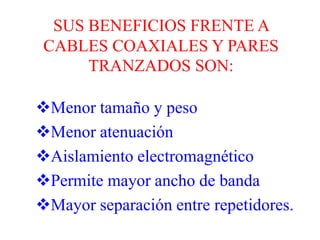 SUS BENEFICIOS FRENTE A CABLES COAXIALES Y PARES TRENZADOS SON:Menor tamaño y peso 