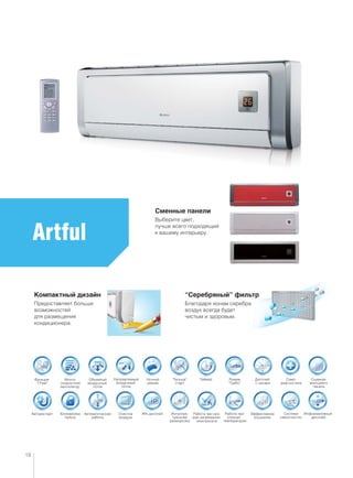 Система
самоочистки
Много-
скоростной
вентилятор
ТаймерФункция
“I Feel”
Объемный
воздушный
поток
Ночной
режим
Направляемый
воздушный
поток
“Теплый”
старт
Режим
“Турбо”
Очистка
воздуха
Авторестарт Интеллек-
туальная
разморозка
Автоматическая
работа
Работа при
отрицат.
температурах
Эффективное
осушение
Дисплей
с часами
Само-
диагностика
Съемная
моющаяся
панель
Блокировка
пульта
ЖК-дисплей Информативный
дисплей
Работа при низ-
ком напряжении
электросети
Artful
Сменные панели
Выберите цвет,
лучше всего подходящий
к вашему интерьеру.
“Серебряный” фильтр
Благодаря ионам серебра
воздух всегда будет
чистым и здоровым.
18
Компактный дизайн
Предоставляет больше
возможностей
для размещения
кондиционера.
 