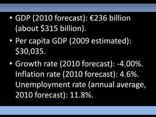 • GDP (2010 forecast): €236 billion
  (about $315 billion).
• Per capita GDP (2009 estimated):
  $30,035.
• Growth rate (2010 forecast): -4.00%.
  Inflation rate (2010 forecast): 4.6%.
  Unemployment rate (annual average,
  2010 forecast): 11.8%.
 