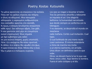 Los ojos se niegan a levantar el telón.
Tras las persianas amarillo y rebosante
se inquieta el sol. Una alegoría
bellísima: la humanidad narcotizada
que desde siempre se conforma con la
lobreguez.
Y no obstante, se desarrolla el mundo sin
mezclarse
cada mañana. Cortés cual invitación. Cual
tapiz.
O cual bofetada de una mano rauda
cuasi castrense. Él mismo estandarte
a ritmo de marcha nos invita
a un eterno izamiento, sin arriada.
Unos dicen: en definitiva caerá lo que
sube.
Otros: se elevará hacia la luz lo que cae.
Τα μάτια αρνούνται να σηκώσουν την αυλαία.
Πίσω απ’ τις γρίλιες κίτρινος και πλήρης
ο ήλιος να αδημονεί. Μια πανωραία
αλληγορία: η ναρκωμένη ανθρωπότητα
που ανέκαθεν αρκείται στο σκοτάδι.
Κι όμως, ο κόσμος ξετυλίγεται ανερώτητα
κάθε πρωί. Σαν κάλεσμα αβρός. Σαν χάδι.
Ή σαν χαστούκι από χέρι σε ετοιμότητα
οιονεί στρατιωτική. Ίδιος σημαία
με ήχο εμβατήριο μας καλεί
σε μια αιώνια έπαρση, χωρίς υποστολή.
Λένε: ό,τι ανέρχεται θα πέσει οριστικά.
Κι άλλοι: ό,τι πέφτει θα υψωθεί στο φως.
Η ώρα έντεκα και δέκα. Μέσα εδώ η Σκιά.
Έξω η μέρα κι ο πελώριος ουρανός.
Hora: once y diez. Aquí dentro la Sombra.
Fuera el cielo ciclópeo y el día.
Poetry. Kostas Kutsurelis
 