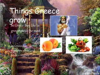 Things Greece
grow
In Greece they like to
grow beards the most.
In Greece they like to
also grow olives and
fruits + veggies.
 