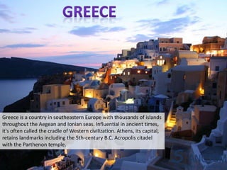 Greece is a country in southeastern Europe with thousands of islands
throughout the Aegean and Ionian seas. Influential in ancient times,
it's often called the cradle of Western civilization. Athens, its capital,
retains landmarks including the 5th-century B.C. Acropolis citadel
with the Parthenon temple.
Business Consulting
S ANCTUM
 