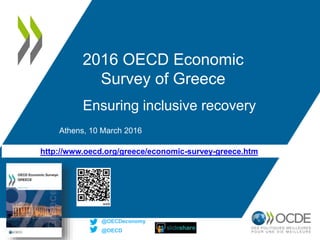 http://www.oecd.org/greece/economic-survey-greece.htm
2016 OECD Economic
Survey of Greece
Ensuring inclusive recovery
Athens, 10 March 2016
@OECD
@OECDeconomy
 