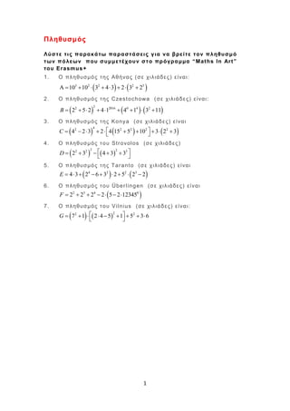 1
Πληθυσμός
Λύστε τις παρακάτω παραστάσεις για να βρείτε τον πληθυσμό
των πόλεων που συμμετέχουν στο πρόγραμμα “Maths In Art”
του Erasmus+
1. Ο πληθυσμός της Αθήνας (σε χιλιάδες) είναι:
   3 2 2 2 5
10 10 3 4 3 2 3 2        
2. Ο πληθυσμός της Czestochowa (σε χιλιάδες) είναι:
     
22 2016 0 4 2
2 5 2 4 1 4 1 3 11B         
3. Ο πληθυσμός της Konya (σε χιλιάδες) είναι
     
42 2 2 2 2
4 2 3 2 4 15 5 10 3 2 3C            
4. Ο πληθυσμός του Strovolos (σε χιλιάδες)
   
2 22 2 3
2 3 4 3 3D      
 
5. Ο πληθυσμός της Taranto (σε χιλιάδες) είναι
   4 2 2 3
4 3 2 6 3 2 5 2 2E         
6. Ο πληθυσμός του Überlingen (σε χιλιάδες) είναι
 2 3 4 0
2 2 2 2 5 2 12345F       
7. Ο πληθυσμός του Vilnius (σε χιλιάδες) είναι:
   
22 2
7 1 2 4 5 1 5 3 6G          
 
 