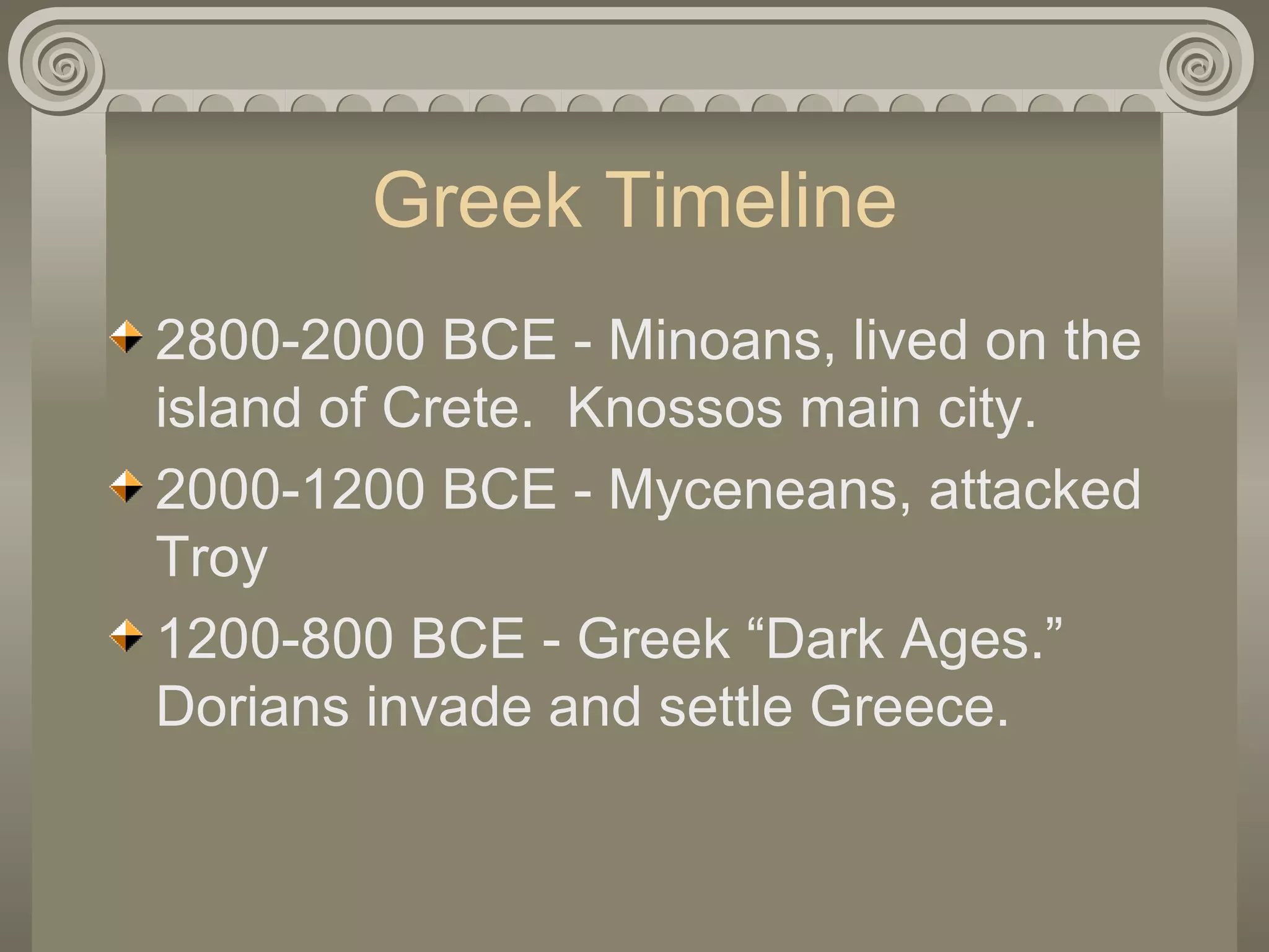 Greek Timeline 2800-2000 BCE - Minoans, lived on the island of Crete.  Knossos main city. 2000-1200 BCE - Myceneans, attacked Troy 1200-800 BCE - Greek “Dark Ages.” Dorians invade and settle Greece. 